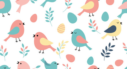Adorable seamless Easter pattern featuring cute pastel-colored birds, colorful eggs, and delicate spring branches on a simple white background for holiday decor.