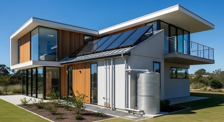 Modern Eco-Friendly House with Solar Panels and Water Tank