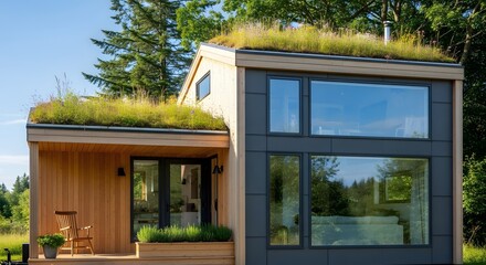 Modern Eco-Friendly Tiny House with Green Roof in Nature