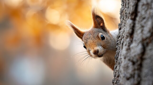 Red squirrel peeking curiously from behind a tree trunk in a vibrant autumn forest, creating a delightful wildlife scene filled with colorful leaves and warm sunlight
