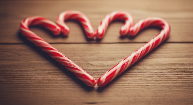 Two candy canes form a heart shape on a wooden table. A sweet, romantic Christmas concept. Perfect for holiday greeting cards, Valentine's Day promotions, or seasonal blog posts.