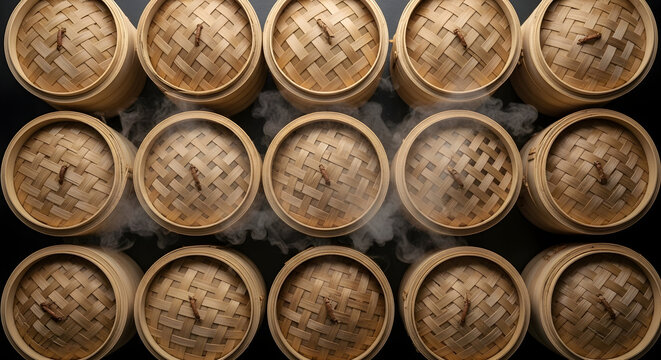 Bamboo Steamers Arranged in a Row, Emitting Steam, Showcasing Traditional Asian Culinary Technique in Dim Sum Preparation - Powered by Adobe