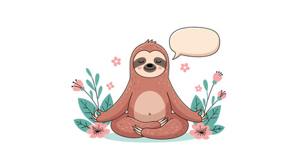 Naklejka premium Cute cartoon sloth meditating in a lotus yoga pose, surrounded by flowers with a blank speech bubble, illustrating mindfulness and tranquility on a clean white background.