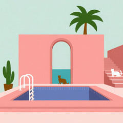 Minimalist pink architecture with cats and pool 