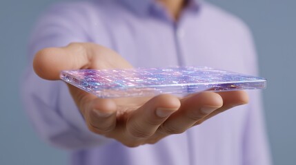 Hand holds transparent tablet displaying 3D holographic business blueprint. Visualize future business strategies using 3D holographic blueprints on transparent tablets.