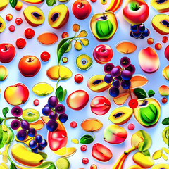 Colorful fruit pattern showcasing variety of fresh fruits on a soft blue background for joyful summer vibes