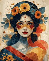 Colorful portrait of a woman adorned with flowers and vibrant patterns celebrating cultural heritage