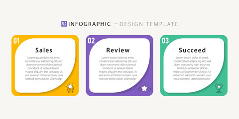 3 step business infographic design template, sales, review, success, modern colorful flat layout marketing strategy, performance analysis, corporate presentation 3 options, vector illustration.