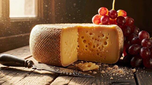 Presenting Artisan Cheese Wheel With Grapes and Knife on Wooden Table