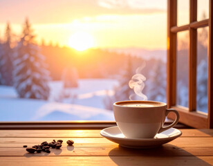 Cup of coffee on the windowsill, cozy winter scene outside