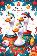 Merry Gooses celebrate winter festivities in vibrant attire surrounded by holiday decorations