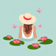 Woman relaxing in water lilies 