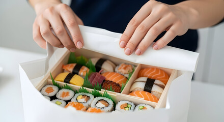 Delicious Sushi Takeout Box Filled With Assorted Japanese Sushi Rolls, Fresh Seafood, And Gourmet Ingredients Ready To Enjoy