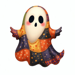 Colorful patchwork ghost decoration brightens up a charming Halloween display in a cozy home setting