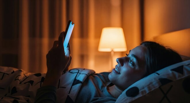 Woman using smartphone at night in bed concept of insomnia and blue light from technology devices.
