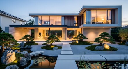 Modern Luxury Home with Zen Garden at Dusk