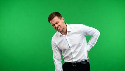 Young man suffering from back pain holding lower back with painful expression against green chroma key background.