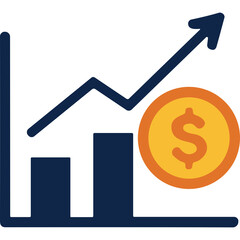 Blue Bar Graph with Orange Coin and Upward Arrow Illustrating Financial Growth and Positive Trend on Transparent Background