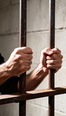 Hands gripping rusty prison bars representing imprisonment loss of freedom and justice system punishment concept.