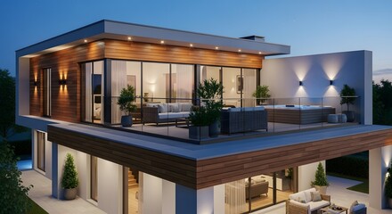 Modern Luxury House Exterior with Hot Tub and Outdoor Seating at Dusk
