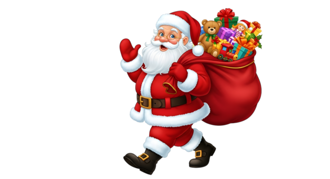 Santa claus carrying a sack of gifts isolated on transparent background