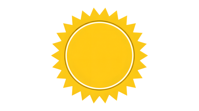 Bright yellow sunburst icon shining with golden rays isolated on a transparent png background.