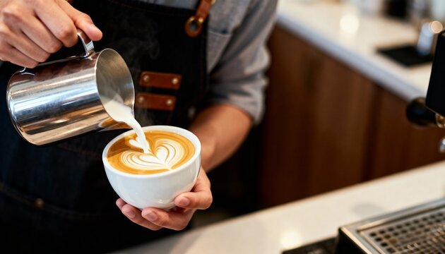 Barista pouring steamed milk creating latte art heart in cup of coffee at modern cafe counter.