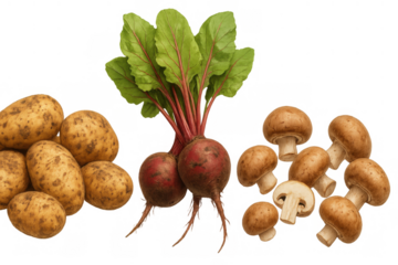 Fresh autumn harvest ingredients featuring potatoes, beets with greens, and mushrooms on transparent background