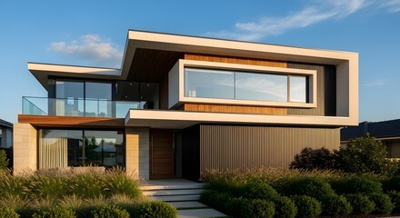 Modern Luxury House with Glass Balcony and Natural Landscaping at Sunset