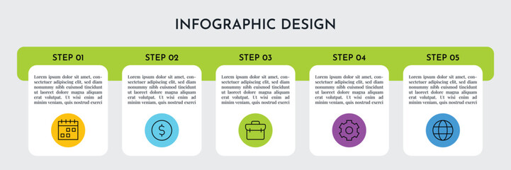 Five Step Infographic Rectangle Layout Template with Colorful Circles and Line Icons, Modern Business Abstract Background Design Illustration