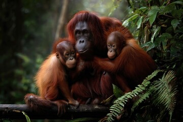 Naklejka premium Bornean orangutan mother with her two babies in the tropical rainforest of borneo, Indonesia and Malaysia, a critically endangered species threatened by deforestation and habitat loss