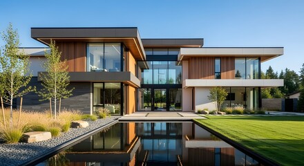 Modern Luxury House with Reflecting Pool and Wood Accents