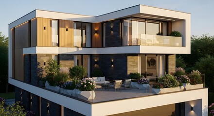 Modern Luxury House with Terrace, Balcony, and Lush Greenery
