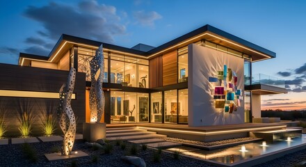 Modern Luxury Residence Exterior at Dusk with Water Feature and Sculptures