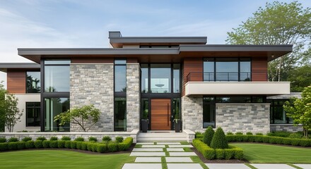 Modern Luxury Residence with Stone and Wood Facade and Landscaped Gardens