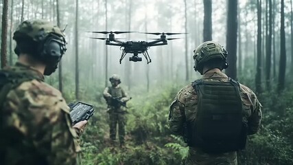 Military Operation Army Engineers Deploying Drone Technology in Forest Reconnaissance - Powered by Adobe