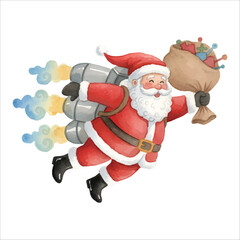 Santa Flying Jetpack Watercolor Vector

