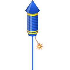 Blue and Yellow Firework Rocket With Lit Fuse Isolated On Transparent Background