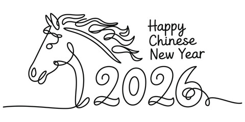 Minimalist line art horse and 'happy chinese new year 2026' text