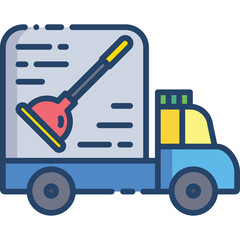 Blue And Yellow Truck With Red Plunger Delivering Service For Home Maintenance And Cleaning Vector Illustration