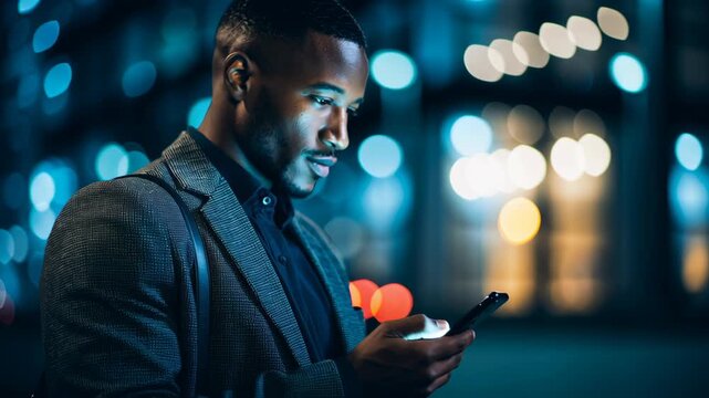 Stylish man texting at night in a vibrant cityscape with blurred lights, modern lifestyle
