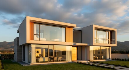 Modern Luxury Villa with Panoramic Mountain Views at Sunset