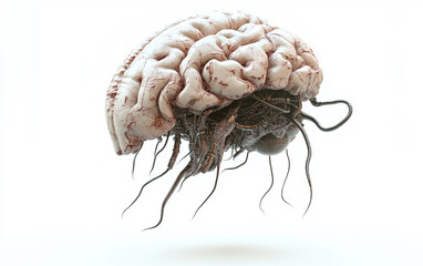 3D digital rendering of a levitating alien brain connected to neural circuits showcasing sci-fi innovation and futuristic bioengineering isolated on transparent background PNG