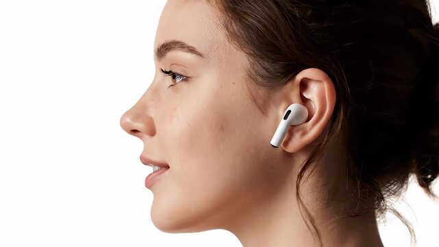 Profile view of a beautiful young woman enjoying audio with modern wireless earbuds. Her face is isolated on a clean white background
