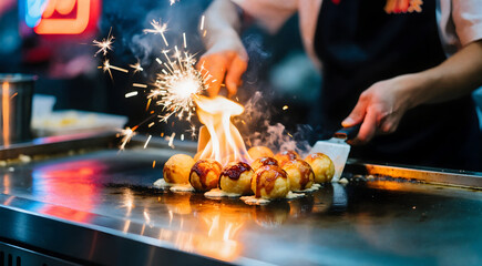 Night Market Takoyaki Fire Show