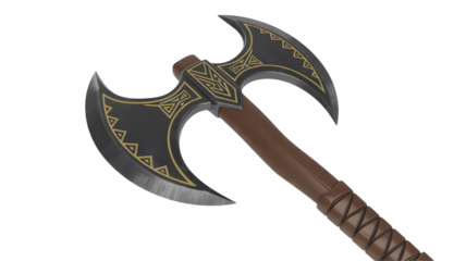 A detailed double headed axe weapon displayed with intricate designs, isolated png, transparent background.