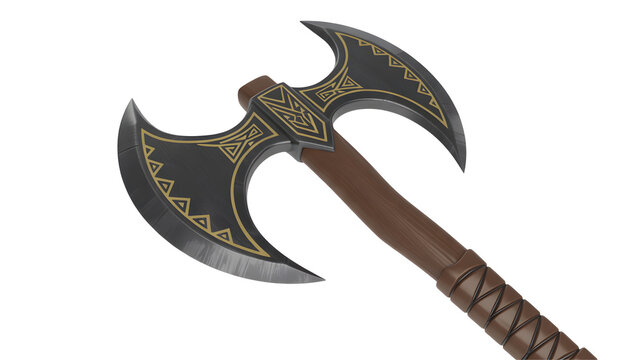 A detailed double headed axe weapon displayed with intricate designs, isolated png, transparent background.