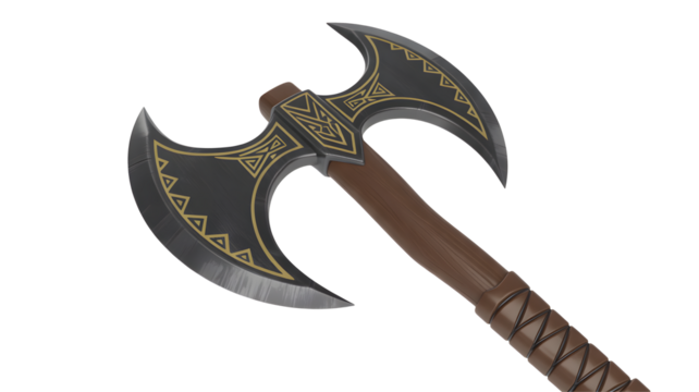A detailed double headed axe weapon displayed with intricate designs, isolated png, transparent background.