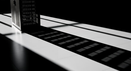 Dramatic black and white image of a glass prism casting a long shadow with geometric light patterns on a surface