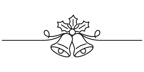 Simple christmas bells with holly leaf line art graphic element.